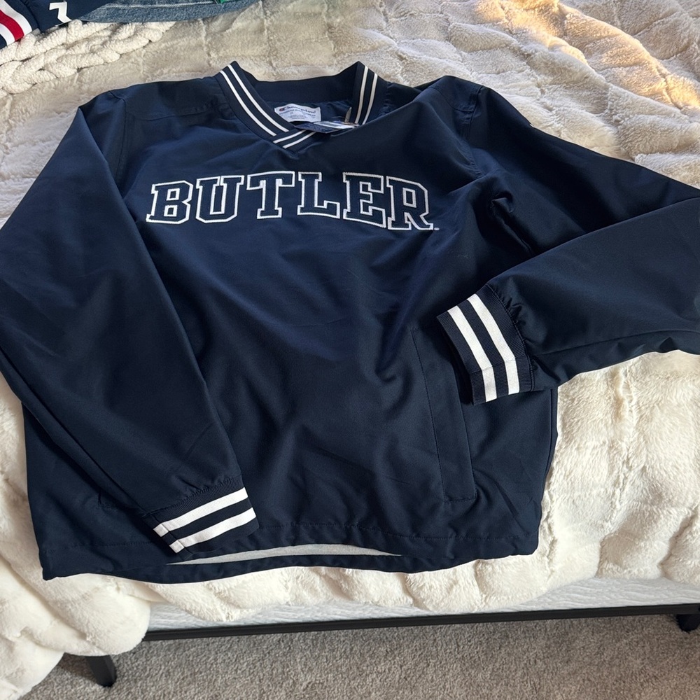 Champion Navy Pullover with Striped Collar